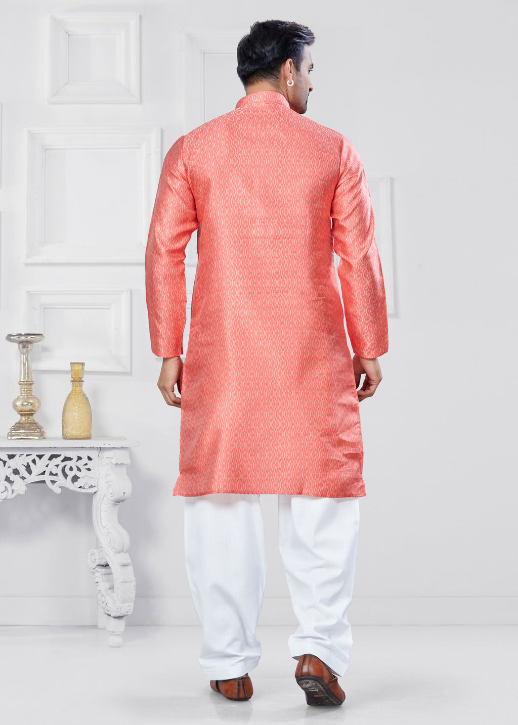 Boys Pink Jacquard Silk Printed Kurta Pyjama Ethnic Set
