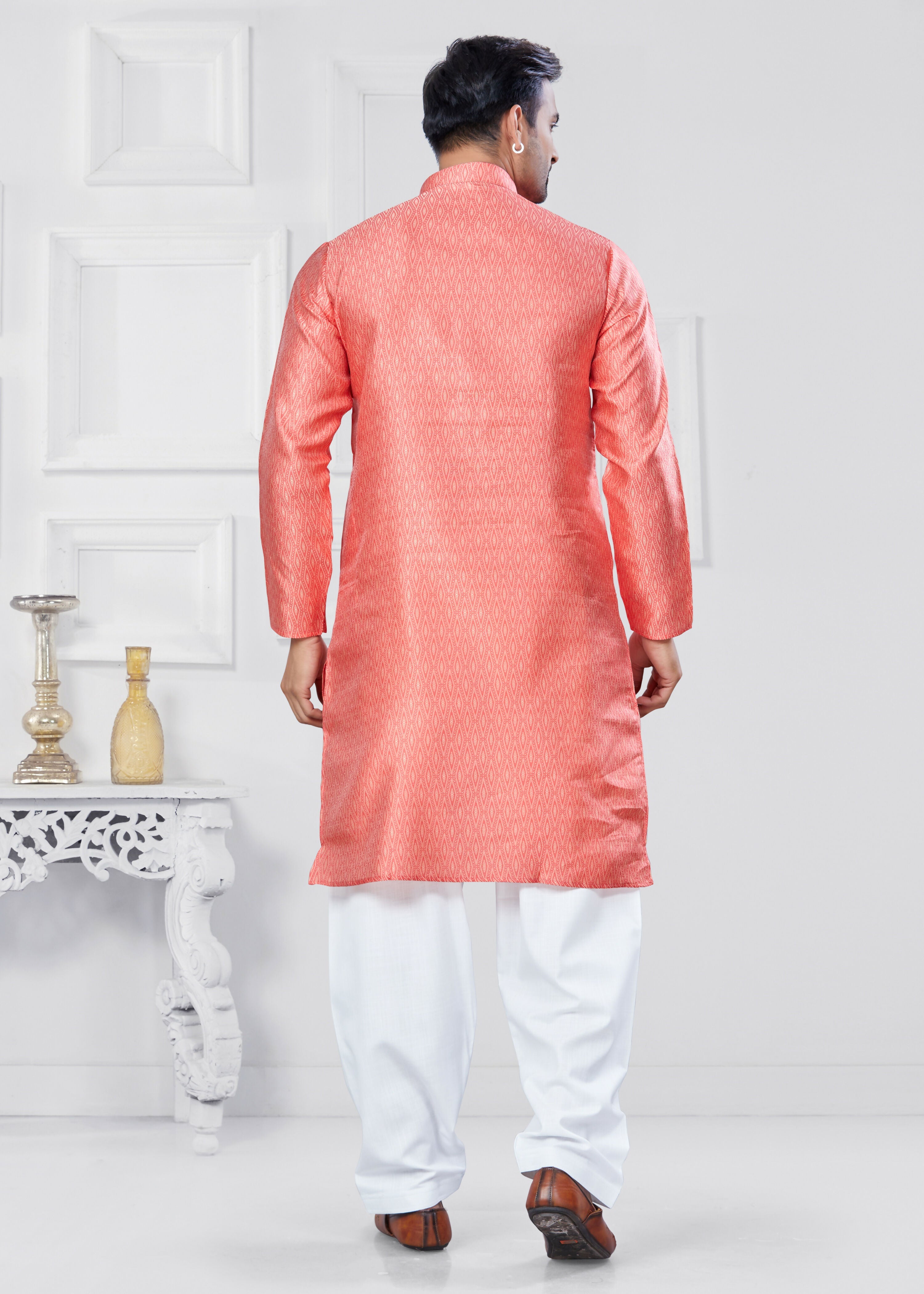 Boys Pink Jacquard Silk Printed Kurta Pyjama Ethnic Set