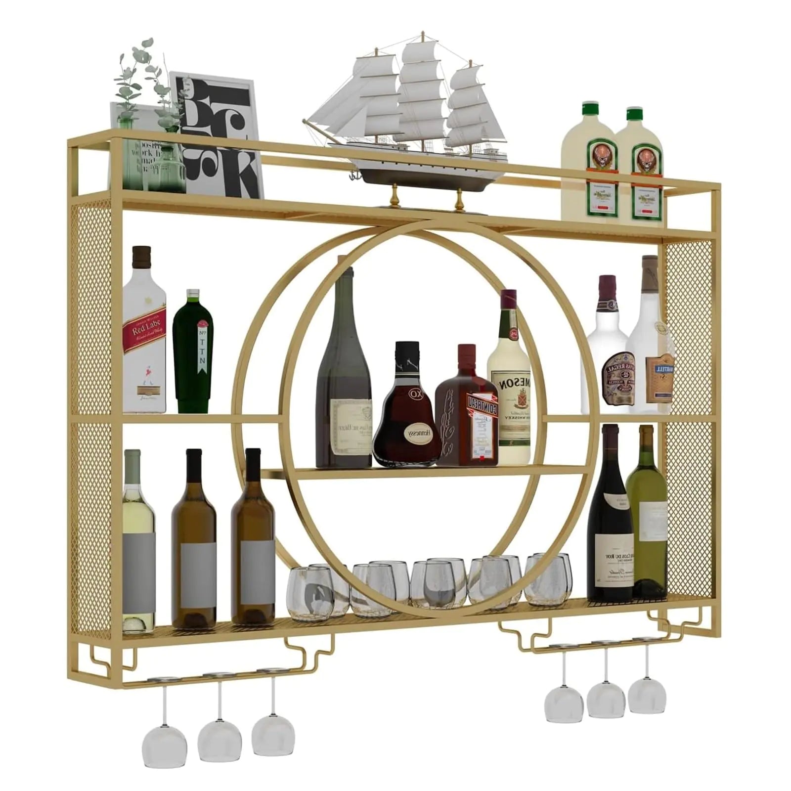 Modern Wine Storage Rack Wall Mounted With LED Light With Wine Glass HolderIron Bar Liquor ShelfFloating Wall Wine ShelvesBar Liquor Bottle Display Shelf For Kitchen Bar Decoration Gold/Black ( Col
