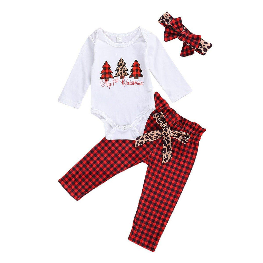Newborn Baby Christmas Tree Pullover Top and Leopard Pants Set
