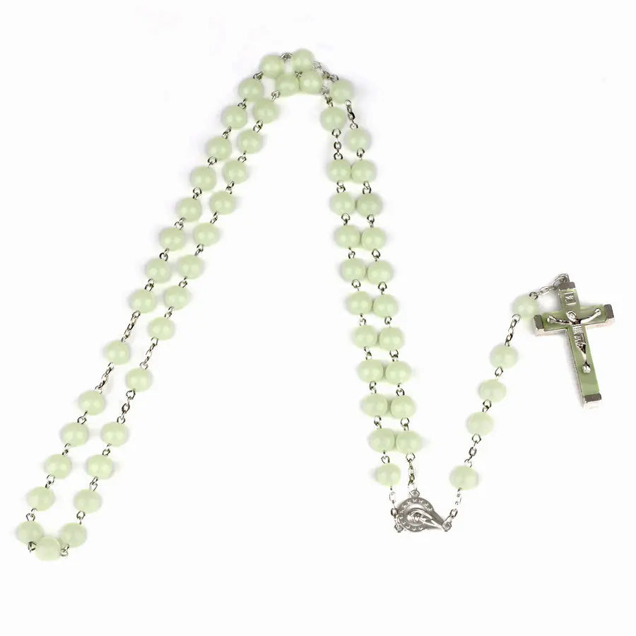 8MM Glow In The Dark Rosary Bead Chain Necklaces For Women INRI Crucifix Cross Pendant luminous Necklace Religious Jewelry