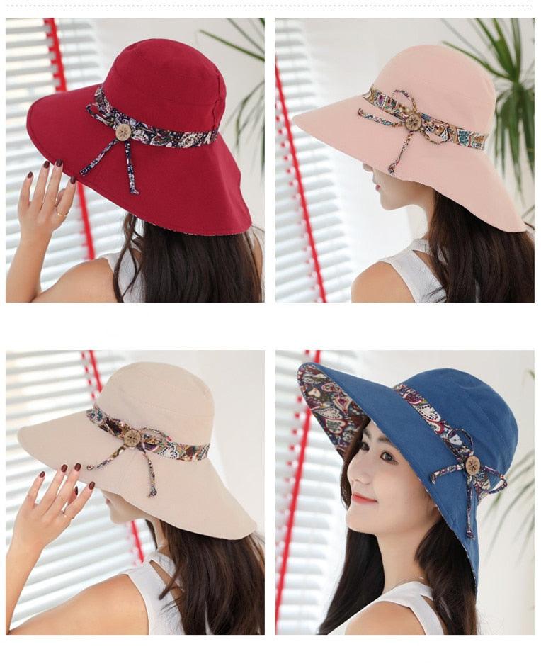 Women’s Foldable Wide Brim Sun Hat - Breathable Cotton Beach Cap