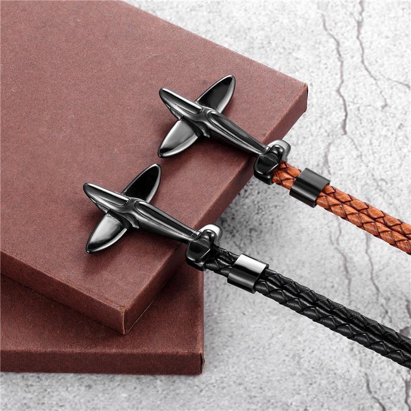 Retro Leather and Stainless Steel Airplane Anchor Bracelet Set