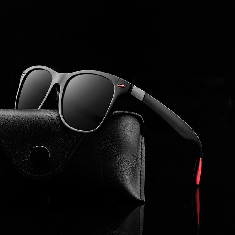 Classic black and red polarized sport sunglasses for outdoor activities.