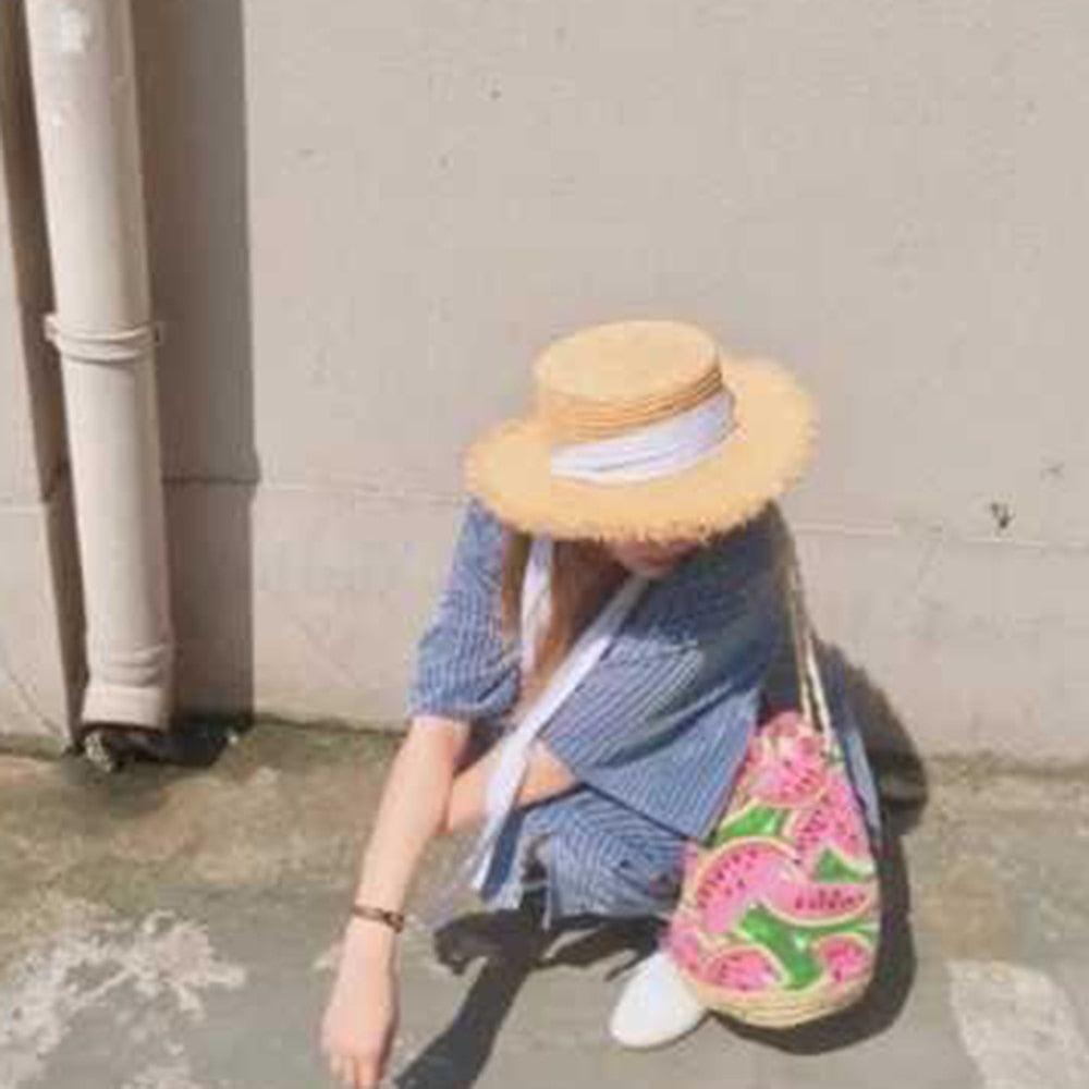 Vintage Straw Wide Brim Sun Hat with Black and White Bowknot