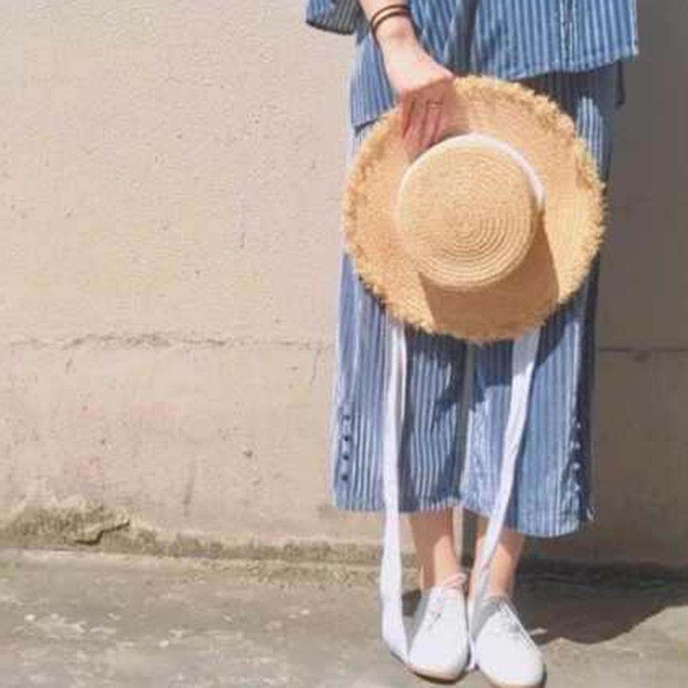 Vintage Straw Wide Brim Sun Hat with Black and White Bowknot