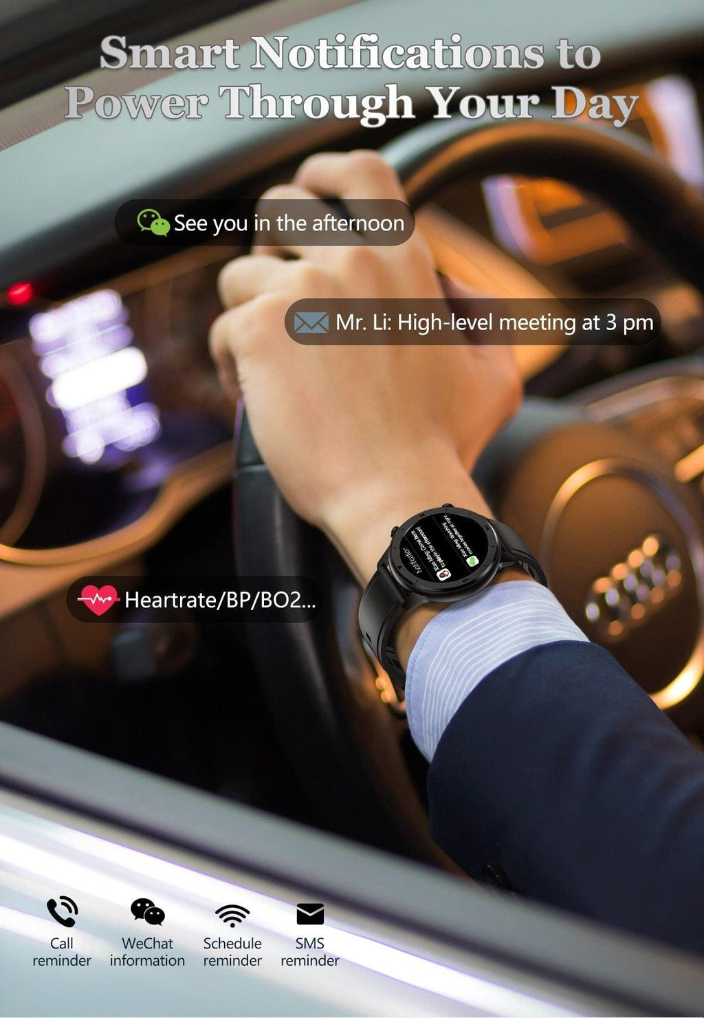 Luxury Round Business Smart Watch with Heart Rate Monitor and Leather