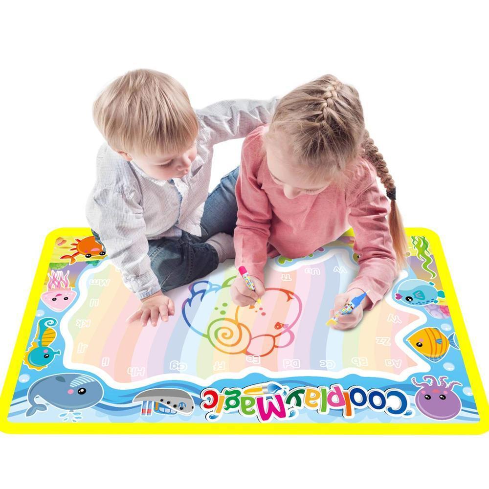 A large alphabet-themed water drawing mat with two magic pens for mess-free kids' coloring.