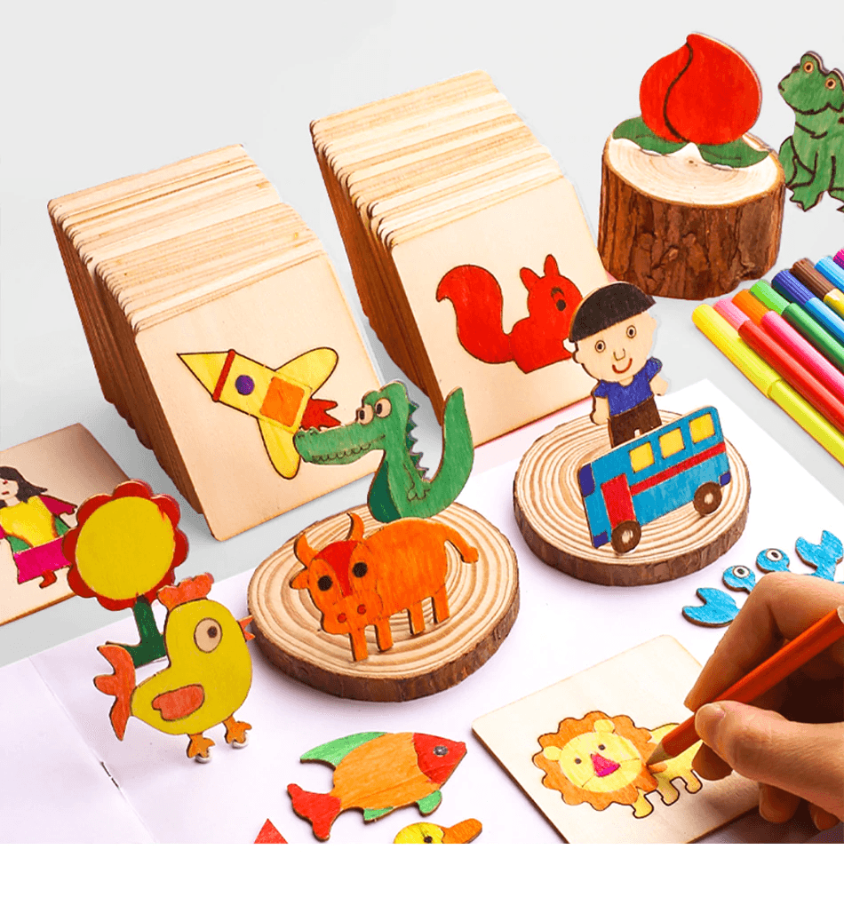 100Pc Creative Natural Wood Drawing & Doodle Learning Set