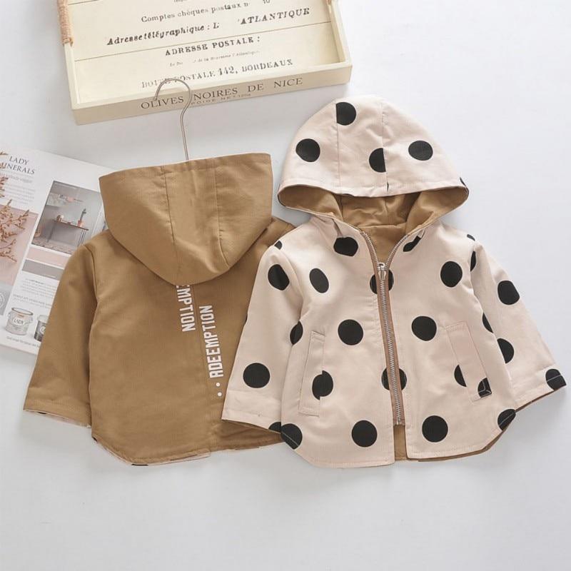 Baby girl wearing a cute beige polka dot hooded cotton coat with fleece lining