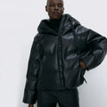 Women's Black Faux Leather Hooded Puffer Parka Jacket - Image 7