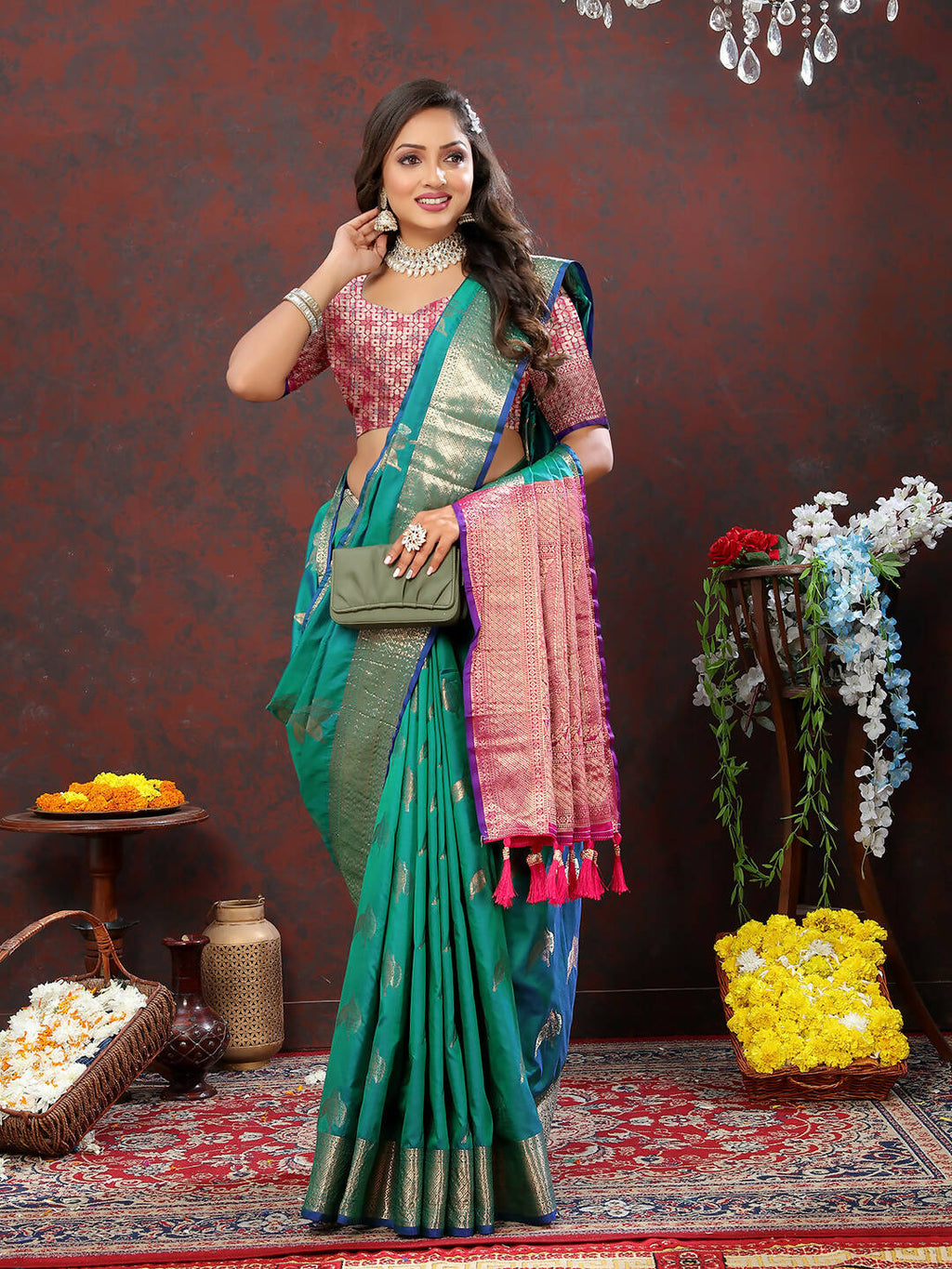 Teal Soft Silk Saree with Zari Weaving and Elegant Drape