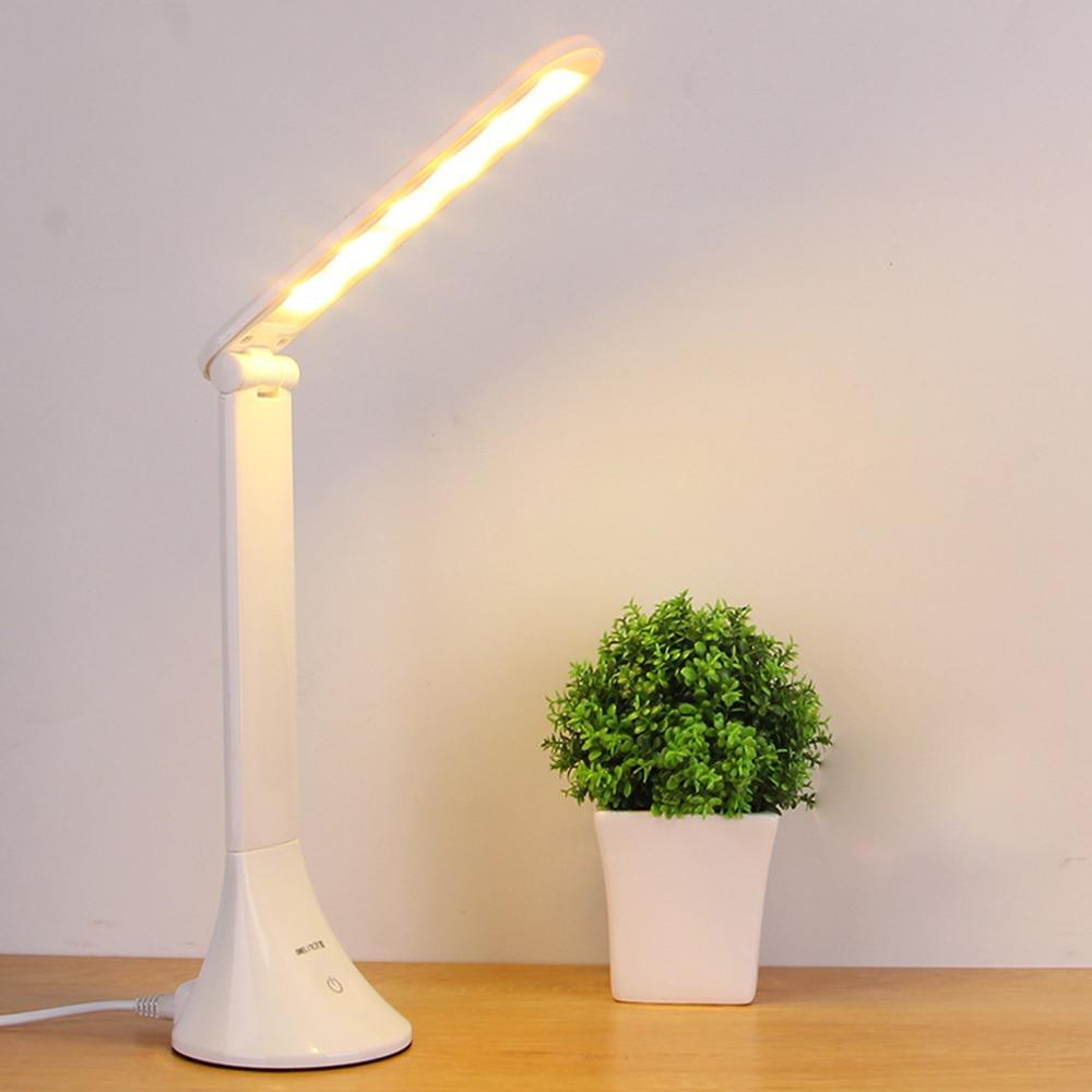 Stevvex white foldable LED desk lamp with touch controls and built-in USB charger