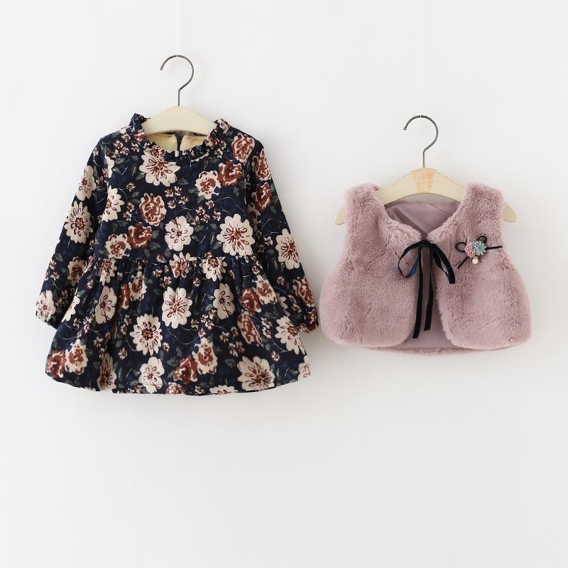 Baby Girls 2-Piece Knit Floral Dress & Coat Set in Navy & Pink