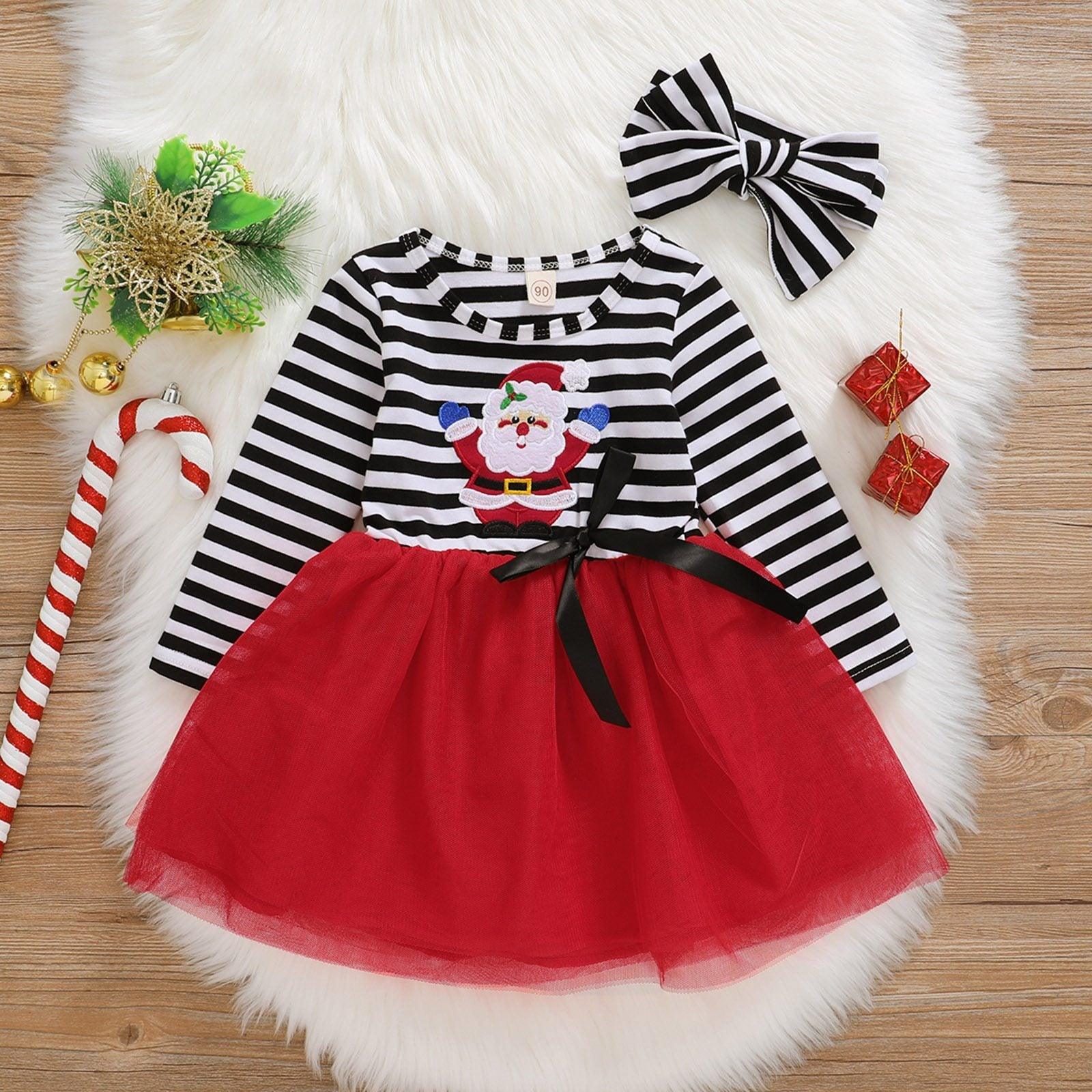 Baby Girl Christmas Santa Striped Dress and Headband Set