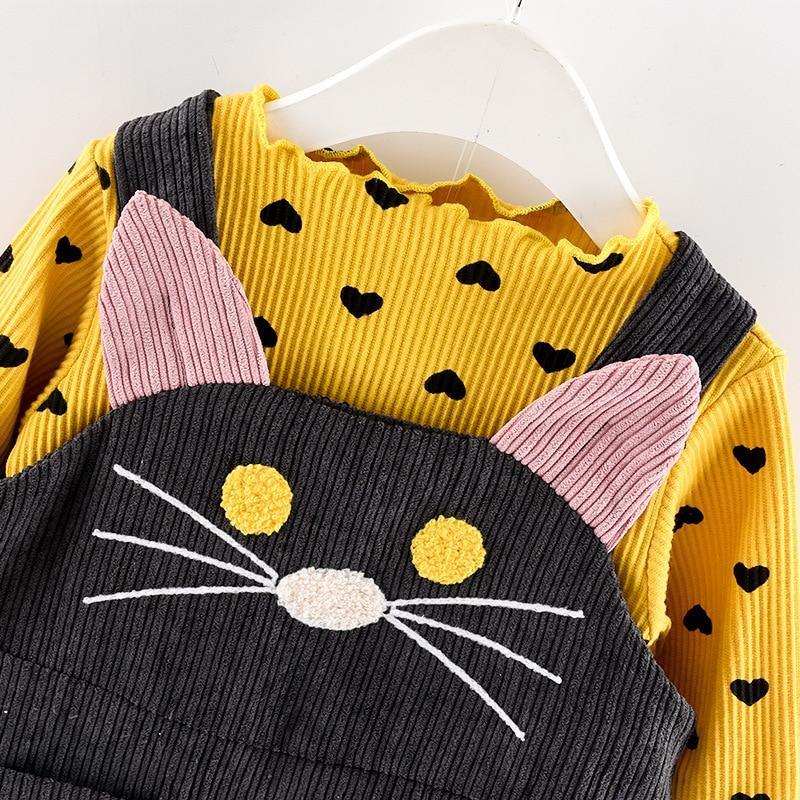 Girls 2-Piece Long Sleeve Dot T-Shirt and Cat Strap Dress Set