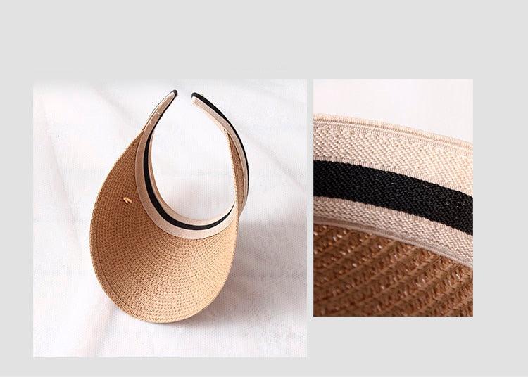 Vintage Straw Visor Hat with Bowknot - Open Top Beach Cap