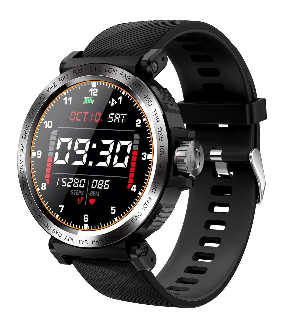 Unisex sport smartwatch in black, featuring a fitness tracker touchscreen and waterproof design.