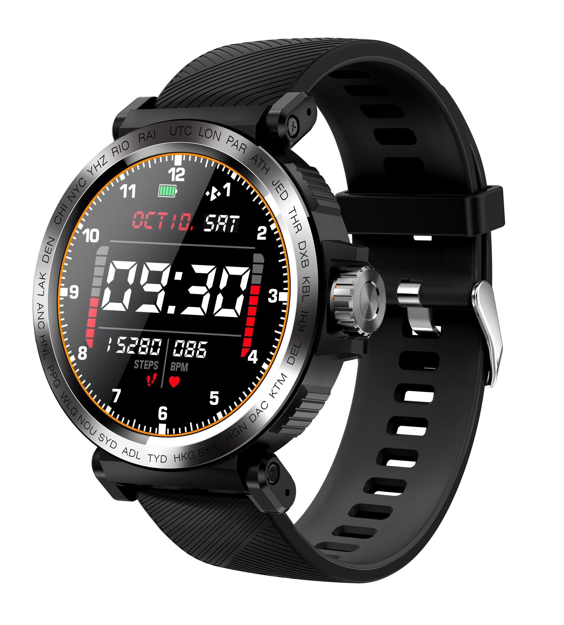 Unisex sport smartwatch in black, featuring a fitness tracker touchscreen and waterproof design.