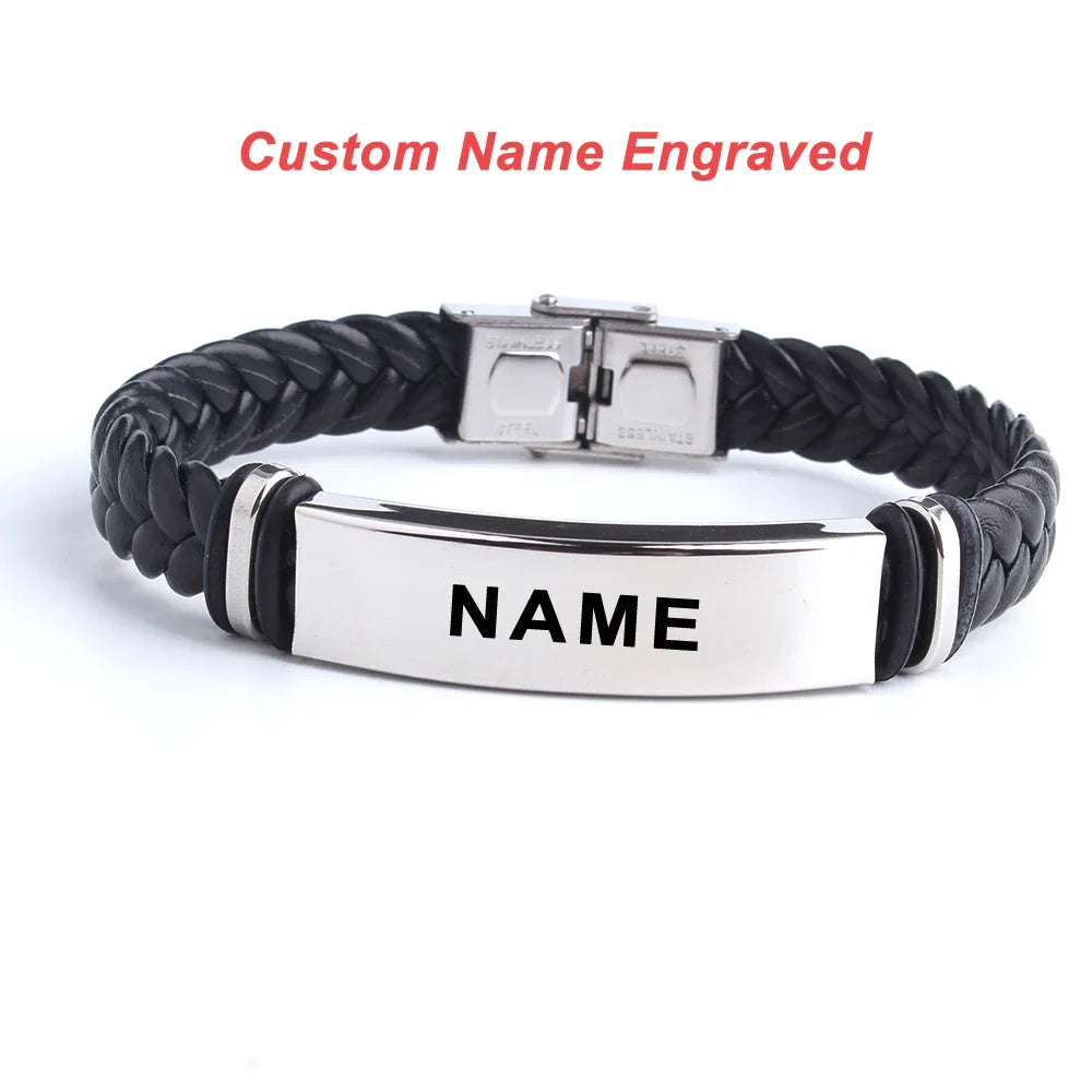 Custom logo Name Engrave Leather Bracelet Black Color customize Stainless Steel Bracelets For Women Men ID Bracelet