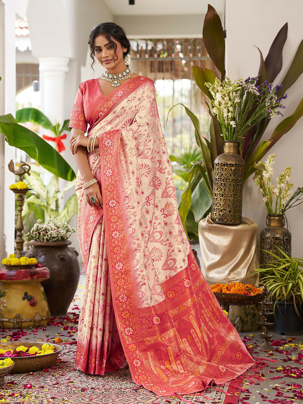 Elegant cream soft silk saree paired with a red blouse piece