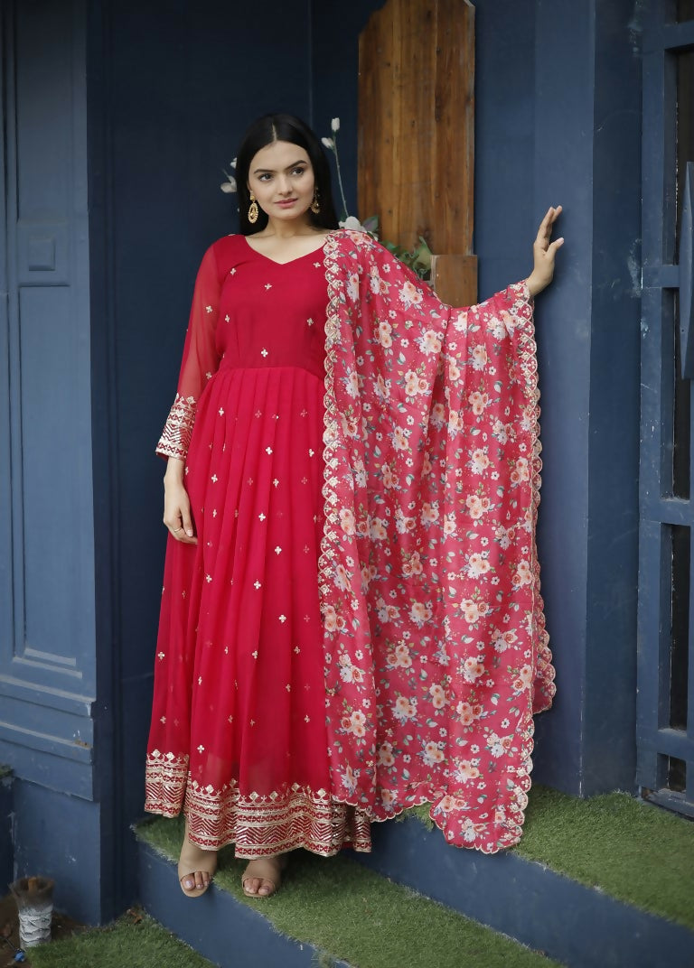 Red festive Anarkali dress with sequins and zari embroidery and matching dupatta