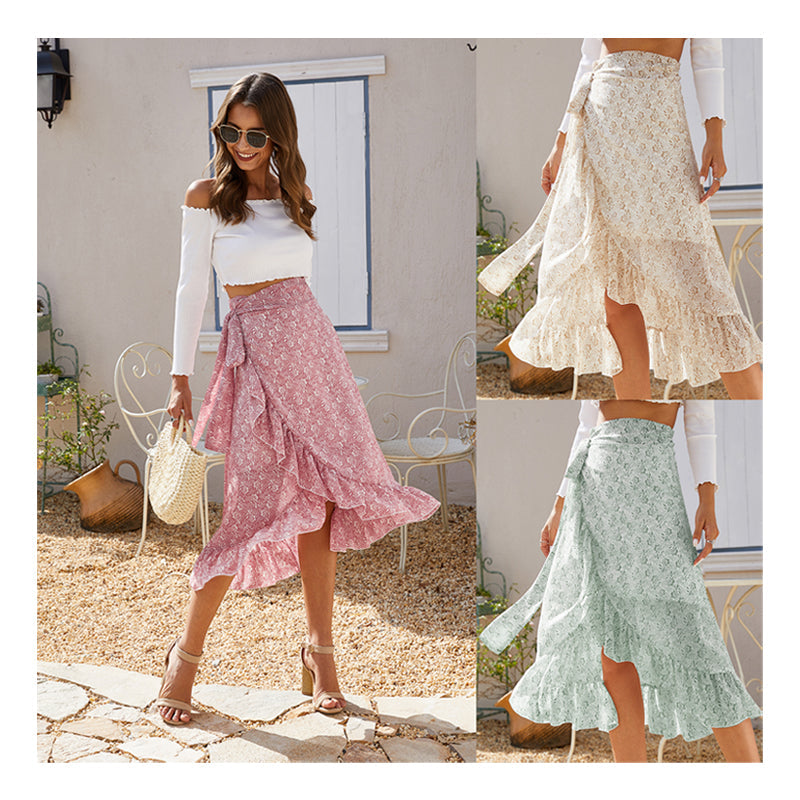 Spring Flower Wrap Bandage Skirt Floral Boho Clothing Summer Asymmetrical Skirt Women Beach Ruffled Maxi Skirt