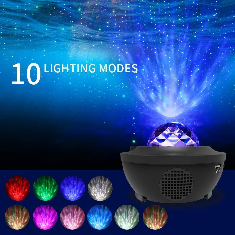Modern black LED cloud projector casting multicolor galaxy lights in a dark room.