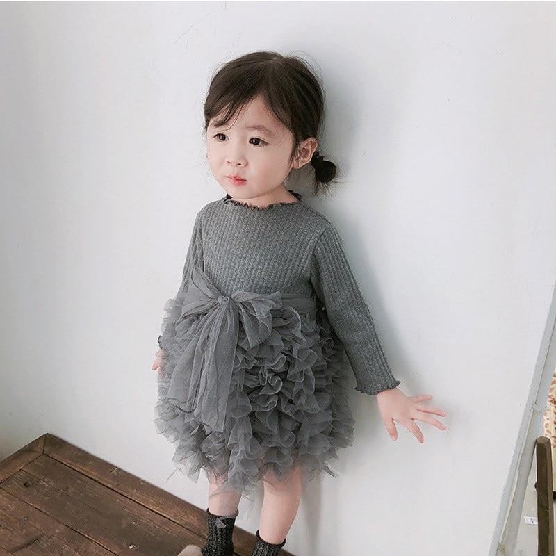 Girls Winter Knit Dress Grey White Festive Long Sleeve Holiday Outfit