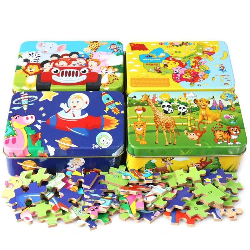 60-Piece Wooden Cartoon Animal Puzzle in Keepsake Iron Box