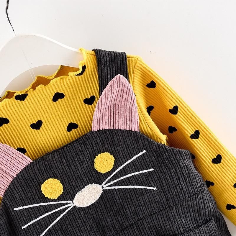 Girls 2-Piece Long Sleeve Dot T-Shirt and Cat Strap Dress Set