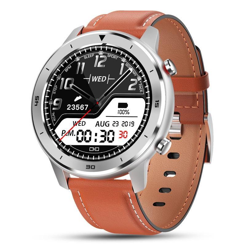 Luxury business smartwatch with a round screen and leather strap, featuring health monitoring icons.