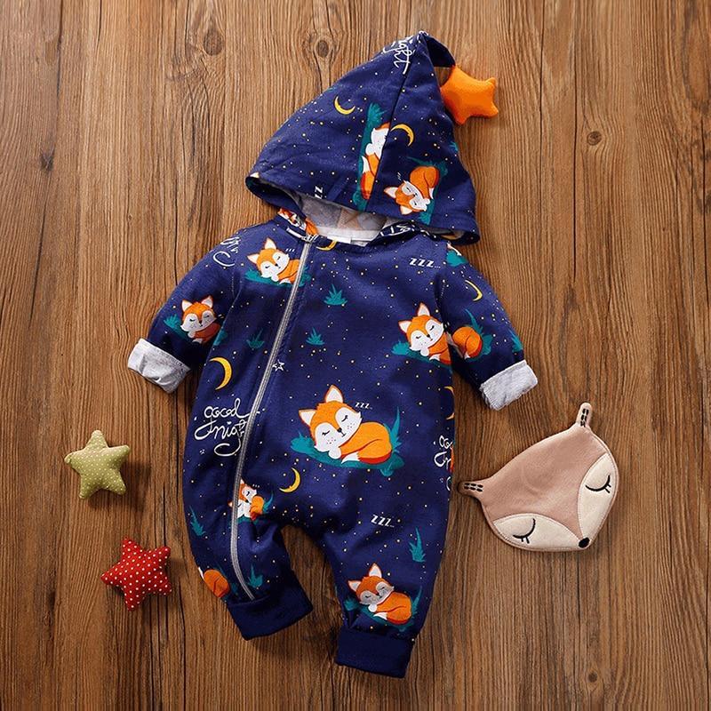 Unisex hooded baby romper in animal print design with zipper closure for easy diaper changes.