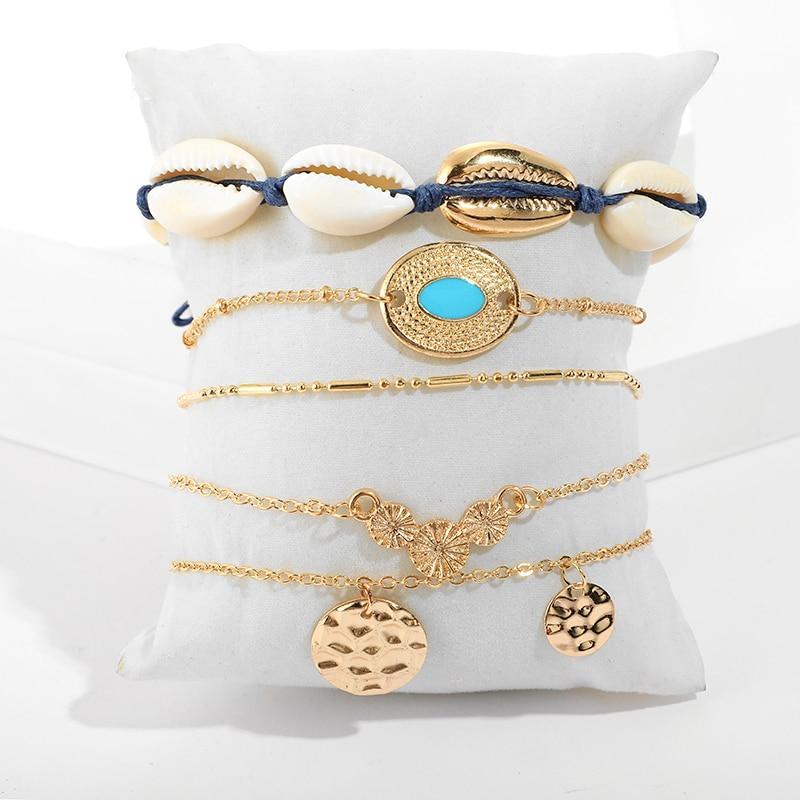Bohemian Gold-Tone Tassel Bracelet with Shell and Crystals