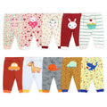 Baby wearing soft cotton leggings with cute cartoon animal prints, featuring a regular fit and pull-on waistband.