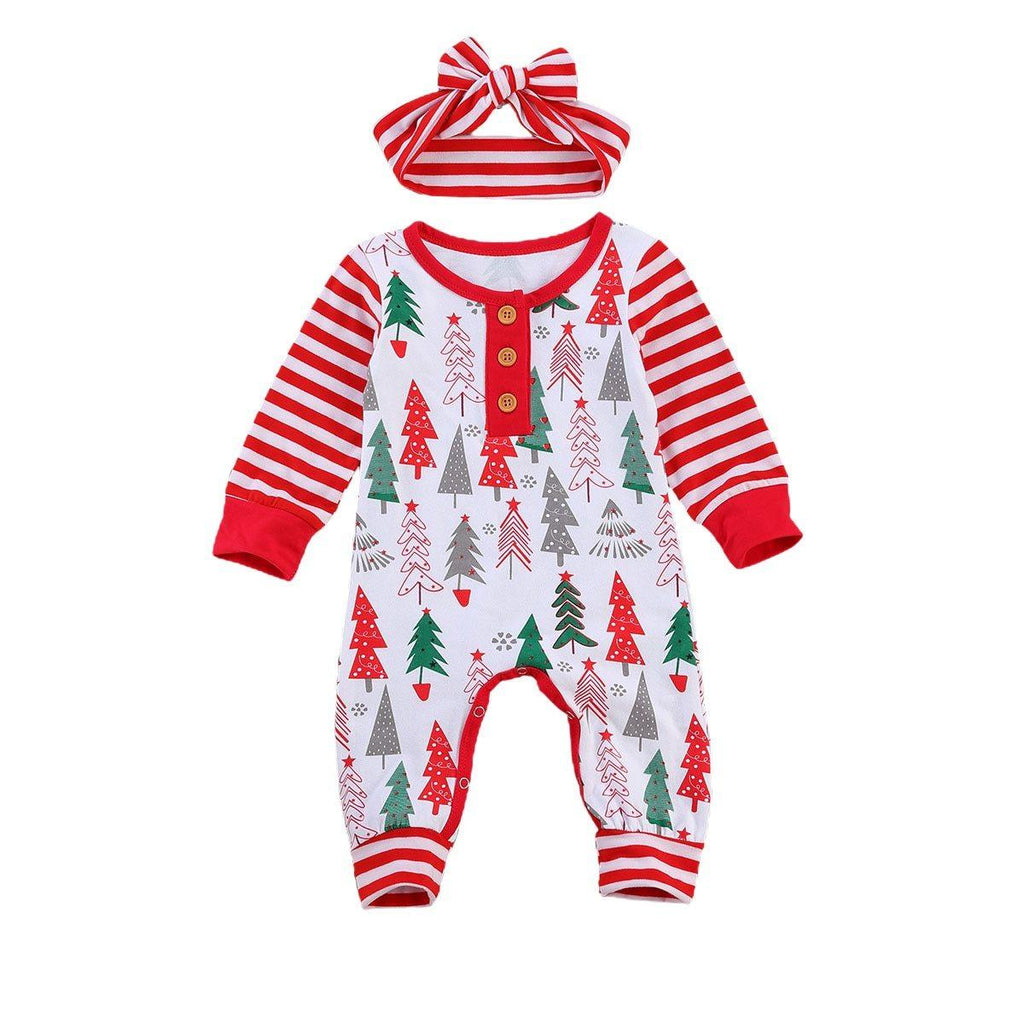 Baby wearing a festive Christmas tree print long-sleeve romper with a matching headband.