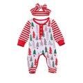 Baby wearing a festive Christmas tree print long-sleeve romper with a matching headband.