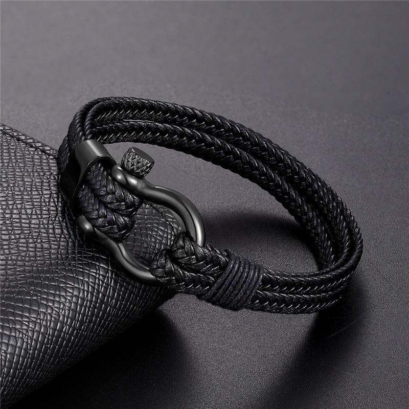 Men's genuine leather and stainless steel anchor bracelet with clasp closure