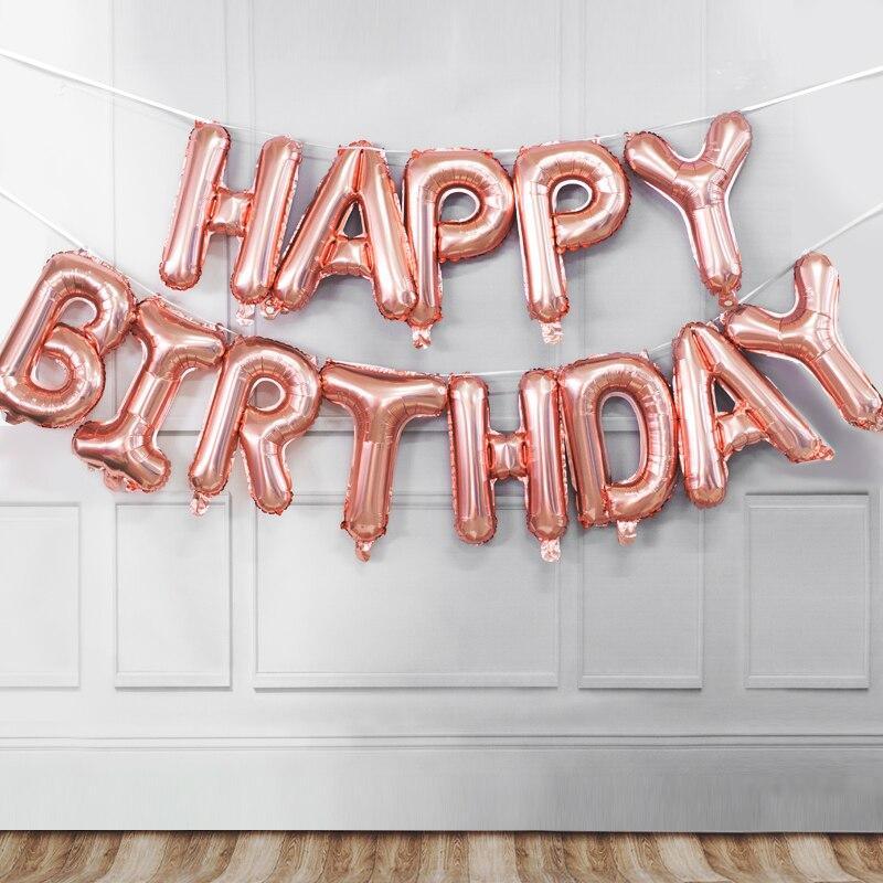 13-Piece Rose Gold Happy Birthday Foil Balloon Banner Set