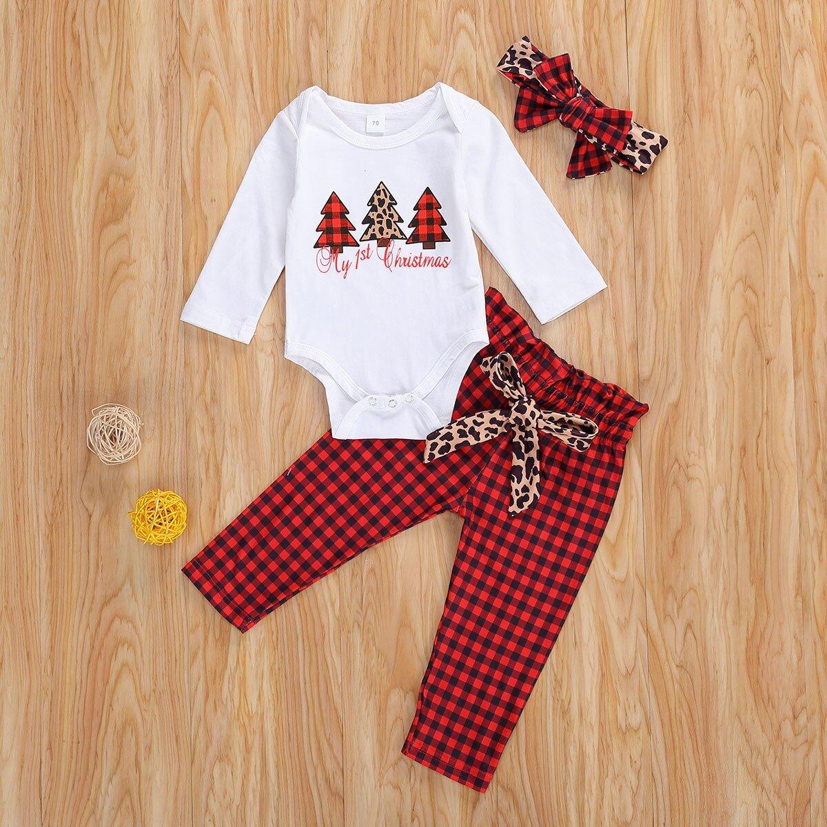 Newborn Baby Christmas Tree Pullover Top and Leopard Pants Set