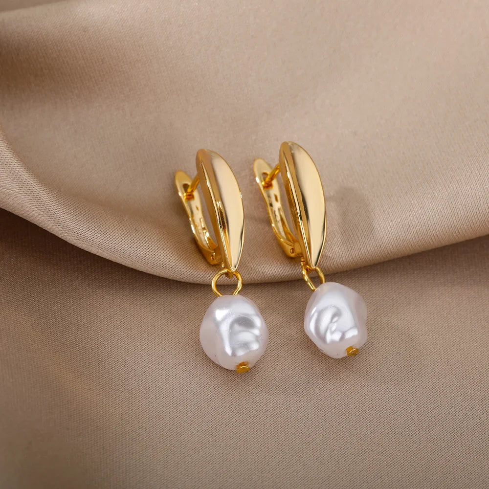 Irregular Pearl Earrings For Women Stainless Steel Round Pearl Circle Ear Clip Earring Women Jewelry Gift Mujer Accessories