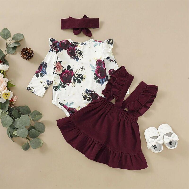 Baby Girl Floral Romper Jumpsuit & Skirt Set with Headband