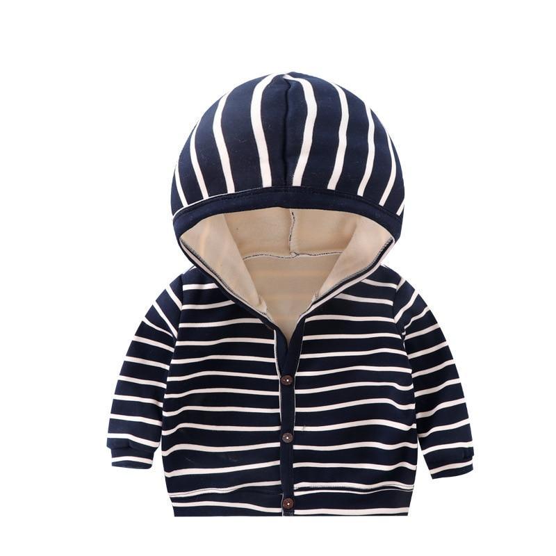 Baby wearing a cozy striped velvet-lined cardigan jacket for spring and autumn weather.