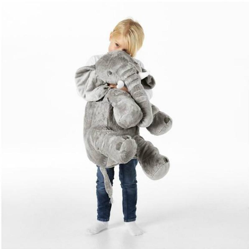 Large soft elephant plush pillow in neutral gray and soft purple for modern nursery decor