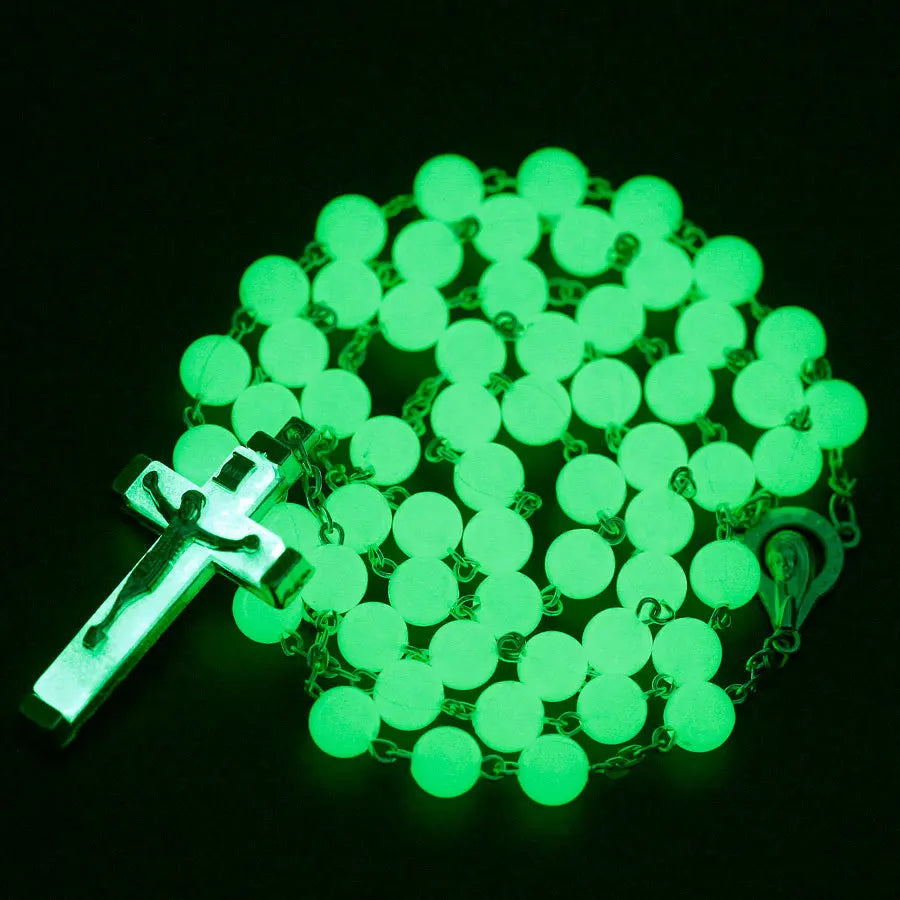 8MM Glow In The Dark Rosary Bead Chain Necklaces For Women INRI Crucifix Cross Pendant luminous Necklace Religious Jewelry