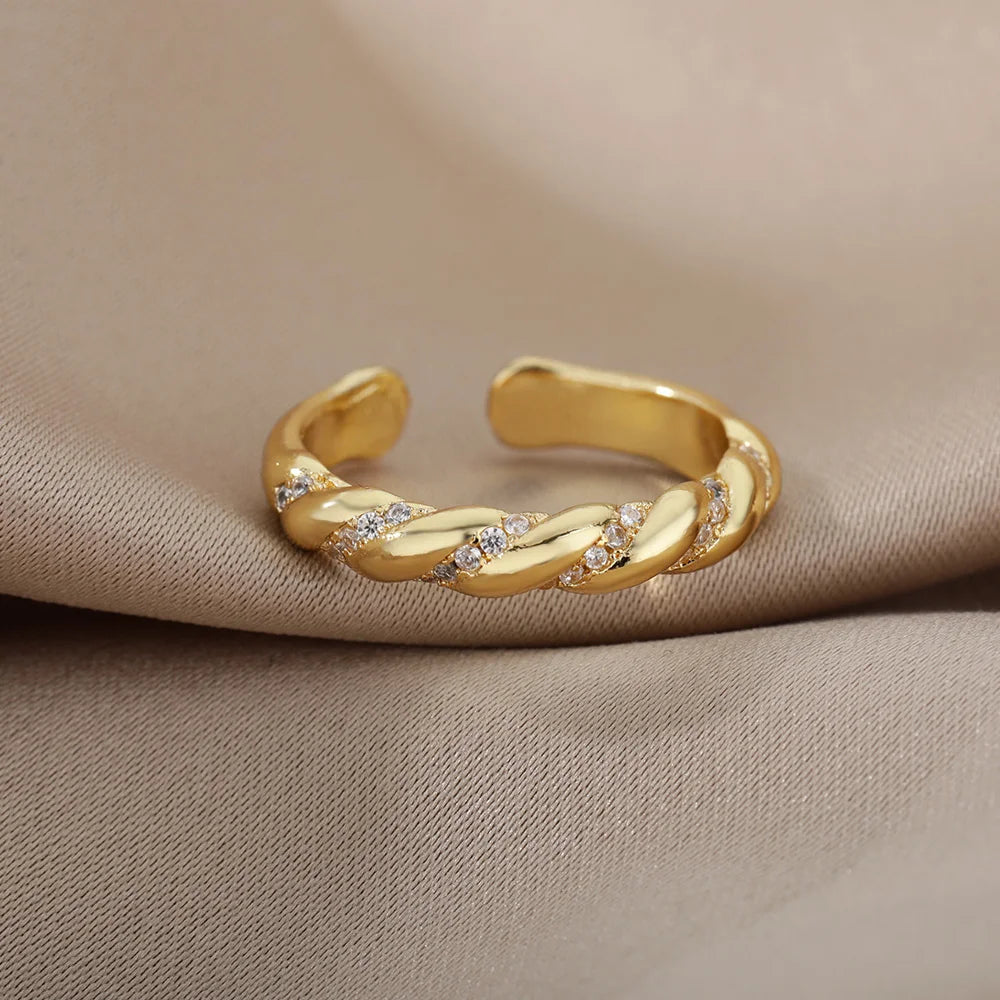Zircon Twisted Rings For Women Punk Stainless Steel Gold Color Open Ring Geometric Finger Ring Hip Hop Charm Jewelry Gift