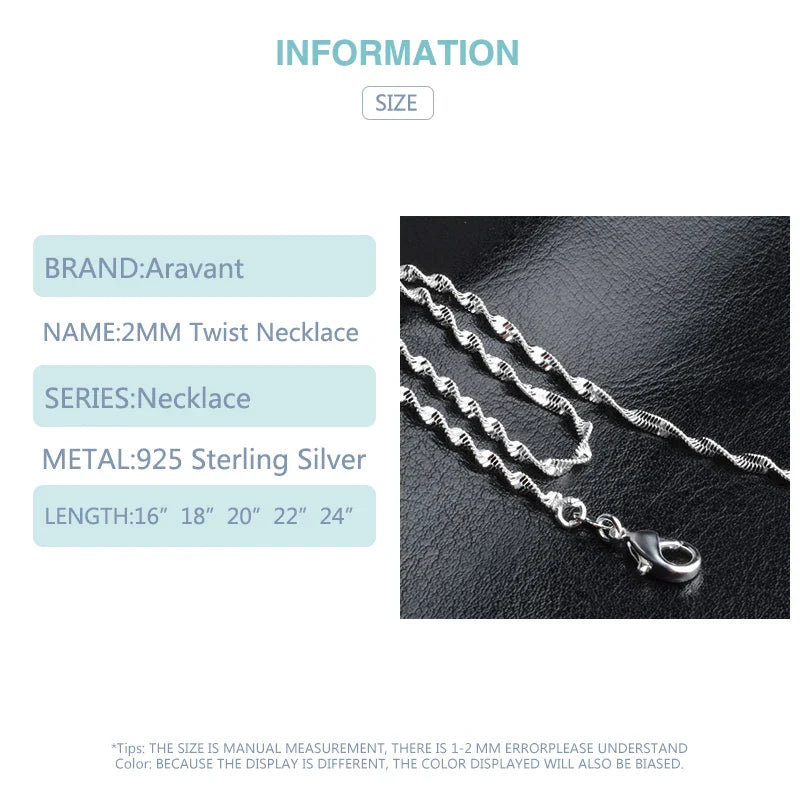 Aravant 925 Silver 2MM Twisted Water Wave Chain Link Necklaces For Women Girls Jewelry