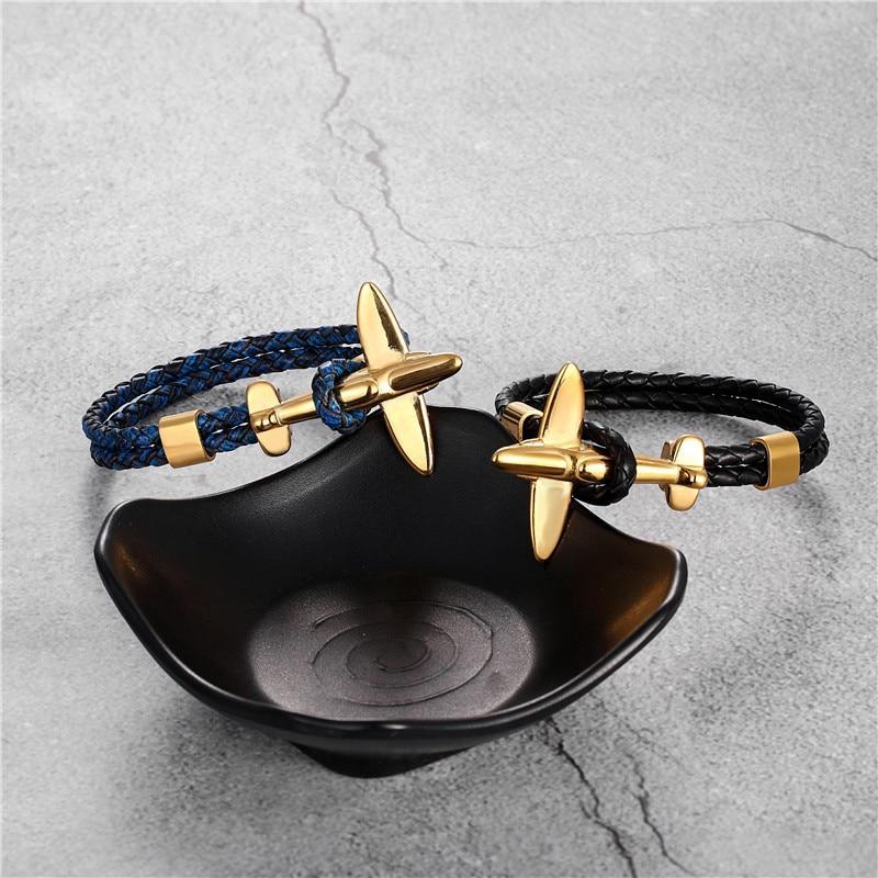 Retro Leather and Stainless Steel Airplane Anchor Bracelet Set
