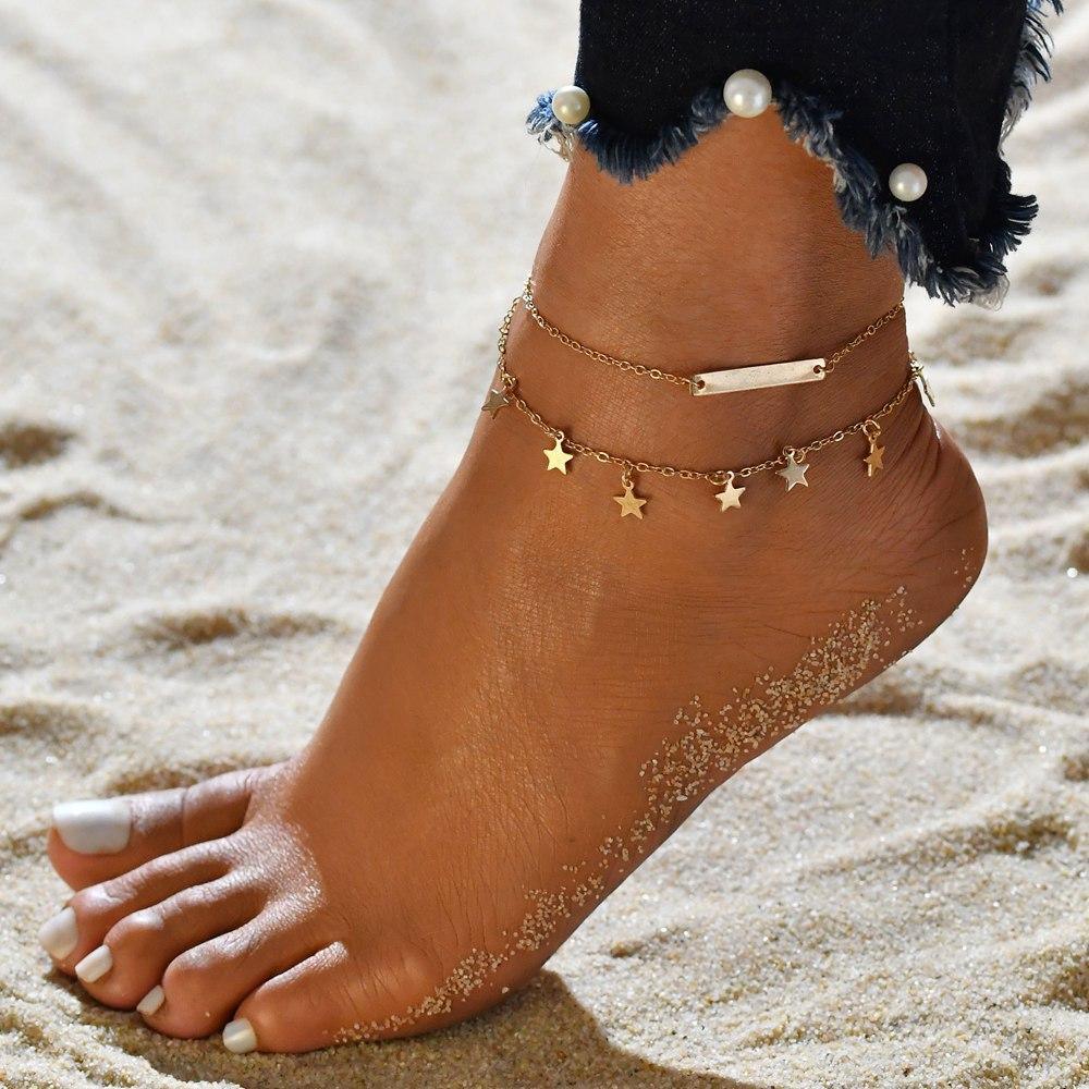 Double Layer Gold-Tone Shell and Coconut Tree Anklet