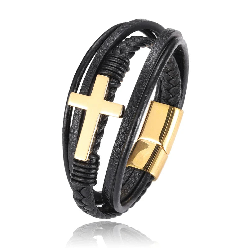 Boho Personalized Men's Family Name Bracelet Black Cross Woven Leather With Stainless Steel Charm Bracelet Custom Name Jewelry
